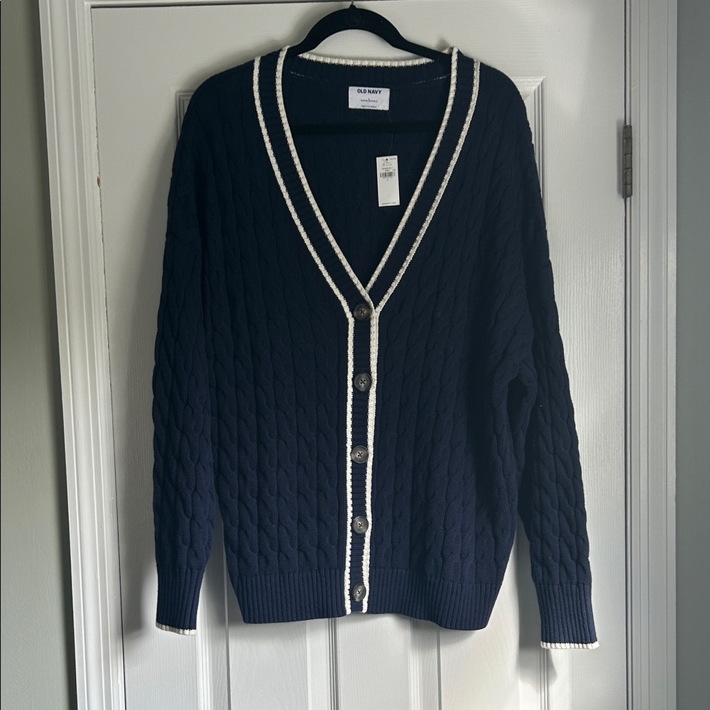Old Navy Navy Cable-Knit Button Cardigan with White Trim
